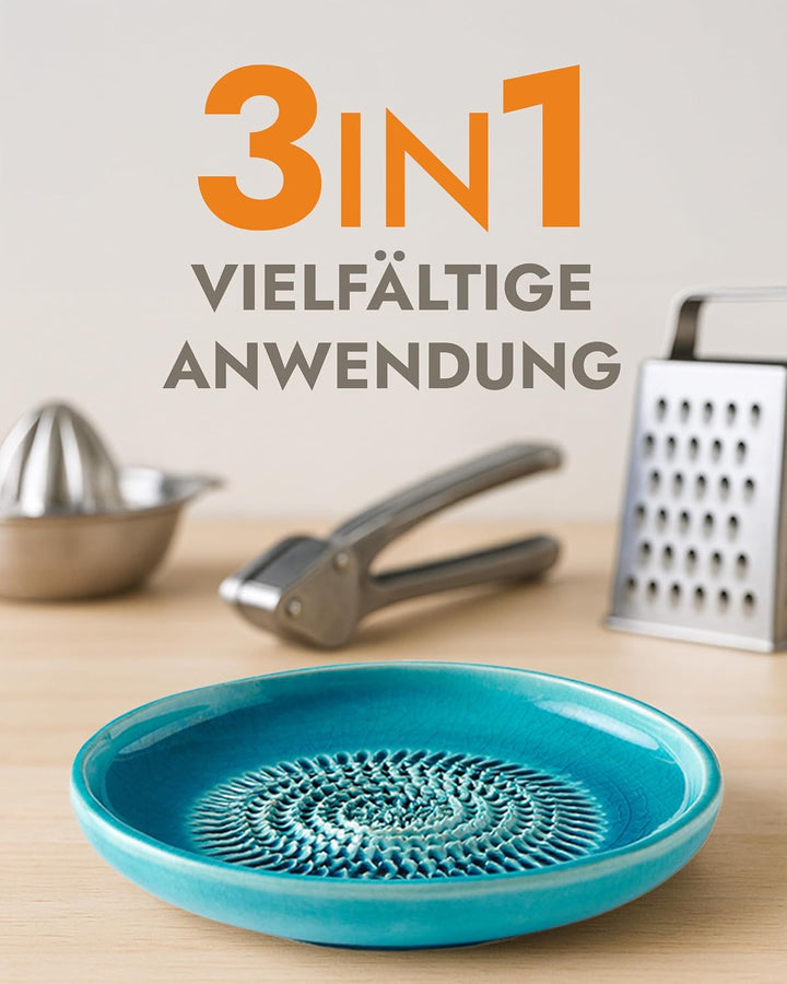 evergrate Geniales Duo: Tellerreibe + Dipschale Motiv Türkis mit 2 Küchenpinsel und 2 Rezepthefte, T