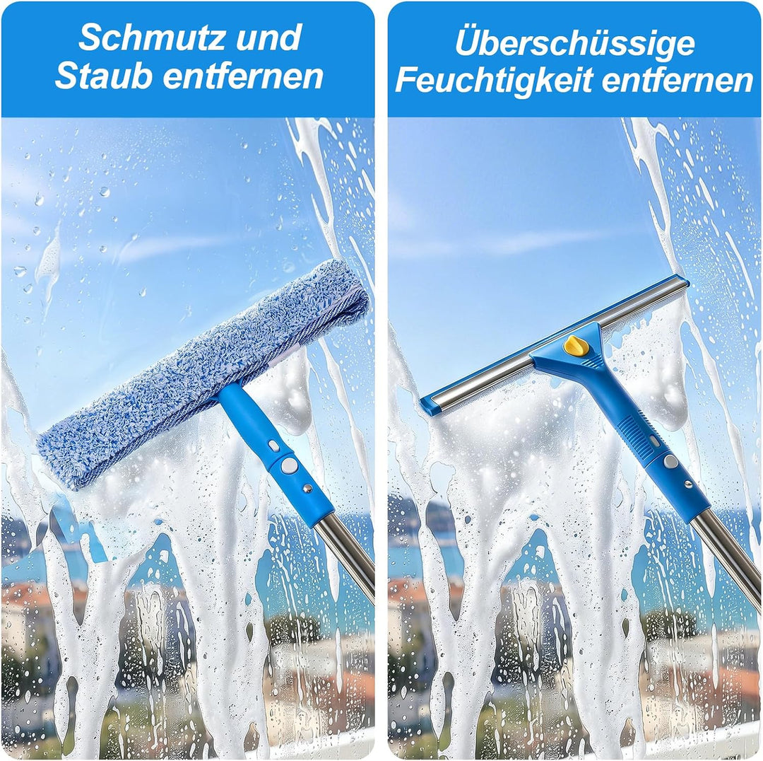 Fensterputzer Set, 3,25m Profi Teleskopstange Fensterreinigung mit Fensterputzeimer 12L, Fensterrein