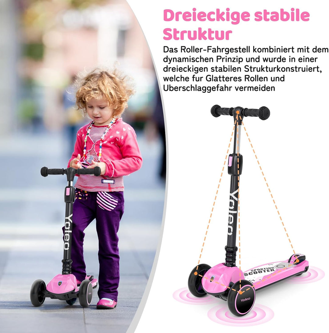 YOLEO Kinderoller Kinderscooter Dreiradscooter mit LED Räder, 2-Rädern Hinterbremsen,4 Höhenverstell