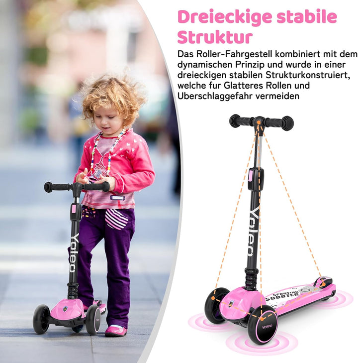YOLEO Kinderoller Kinderscooter Dreiradscooter mit LED Räder, 2-Rädern Hinterbremsen,4 Höhenverstell