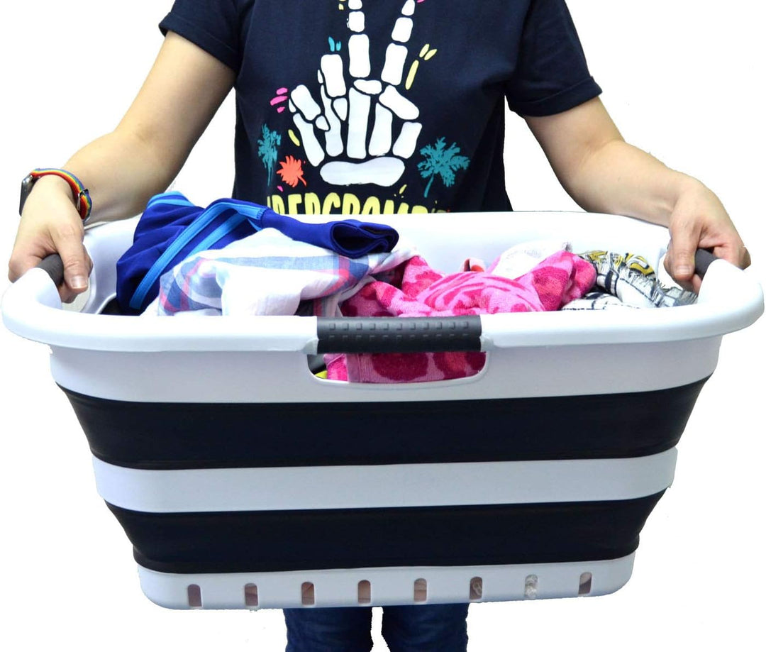 SAMMART 41L Set of 2 Collapsible 3 Handled Plastic Laundry Basket - Foldable Pop Up Storage Containe