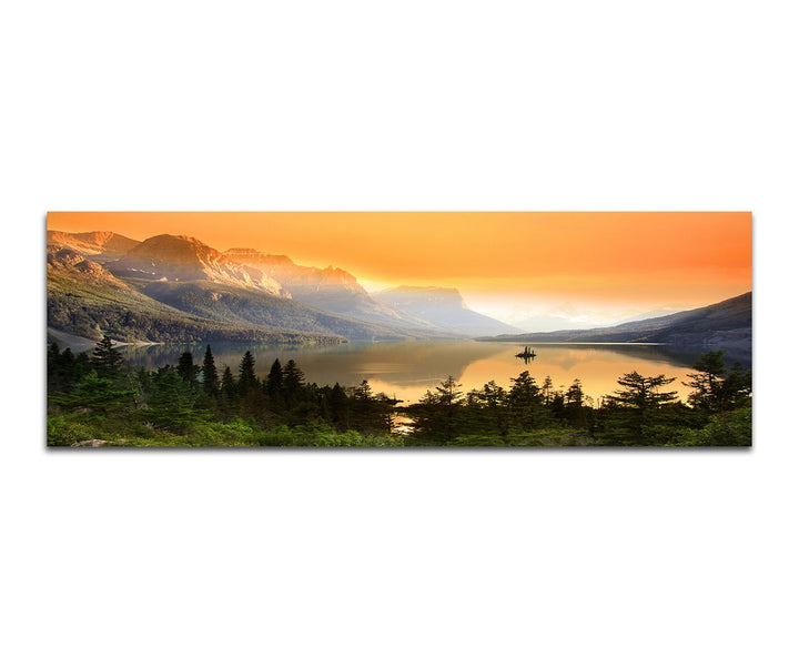 Paul Sinus Art Panoramabild auf Leinwand und Keilrahmen 150x50cm Nationalpark Bergsee Berge Wald Abe