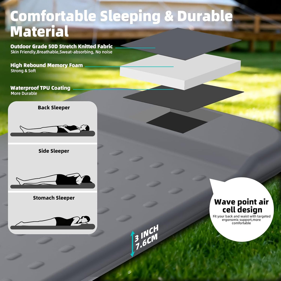 KASIMO Isomatte Selbstaufblasend Camping Matratze, R-Wert 9,5 Ultra-Dicke Memory-Foam Schlafmatte mi