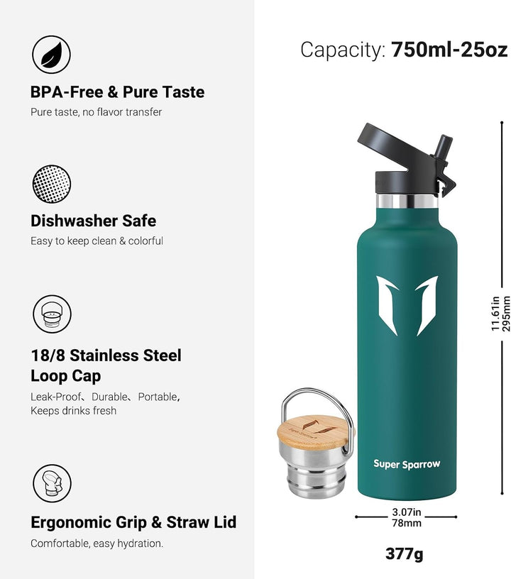 Super Sparrow Trinkflasche Edelstahl - 350ml/500ml/620ml/750ml/1L - Auslaufsicher Thermoskanne, BPA-