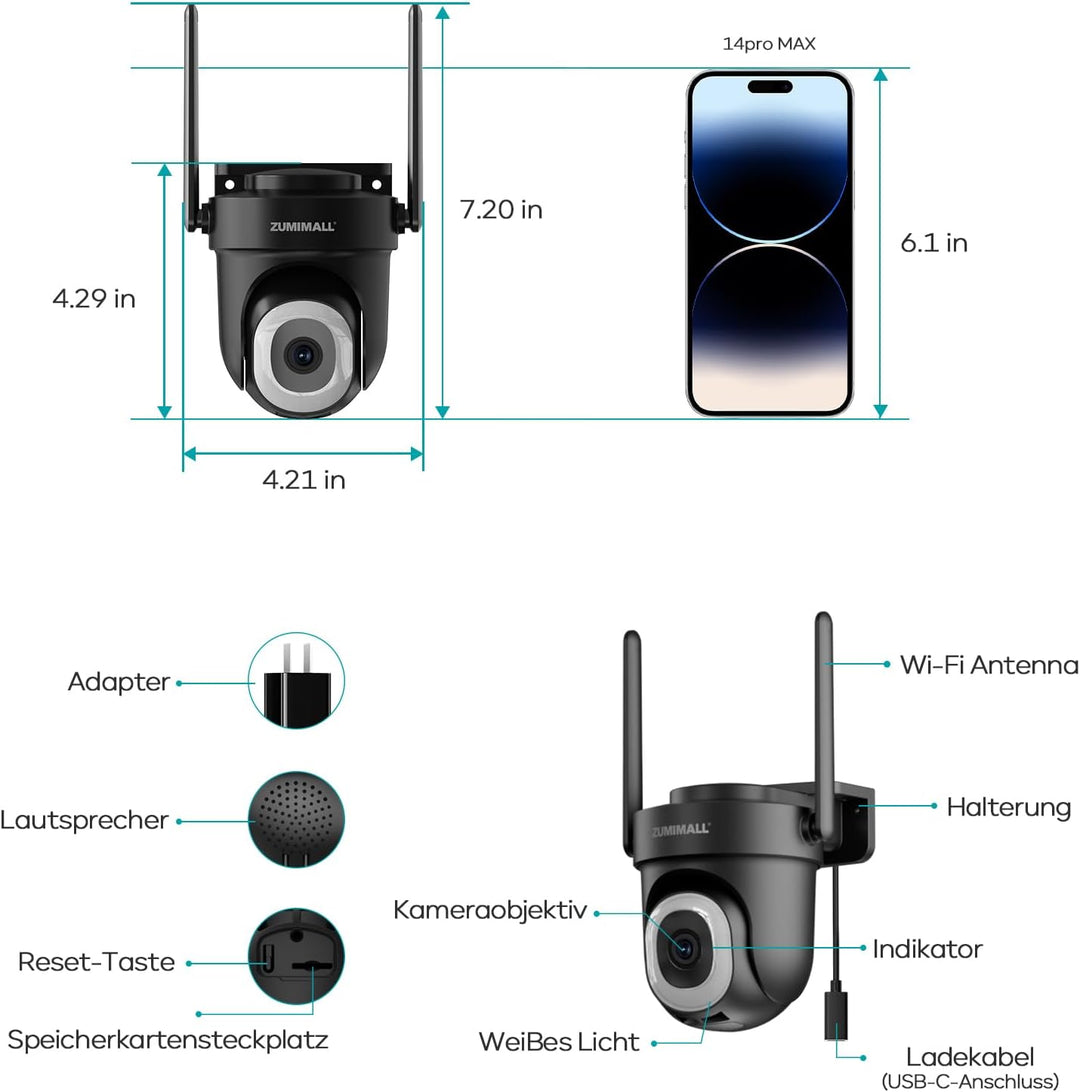 ZUMIMALL 2.5K Überwachungskamera Aussen mit Auto-Tracking, 24/7 Aufnahme | 355°/90° PTZ, Kabelgebund
