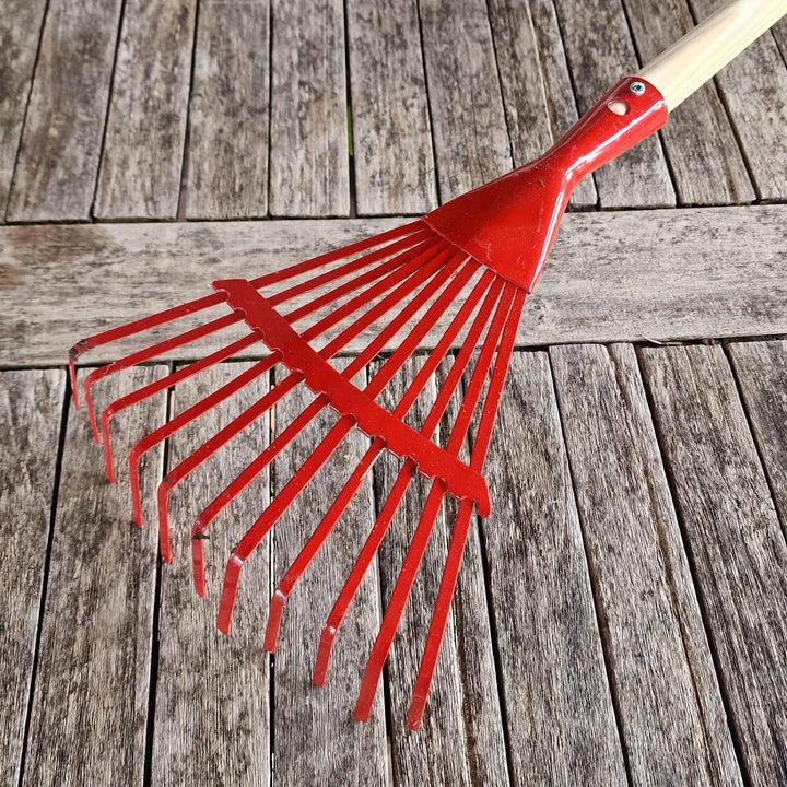Kinder Gartenrechen Metall mit Holzstiel, Kinder Garten Spielzeug Laub Rechen Fächerbesen (Rot), Rot