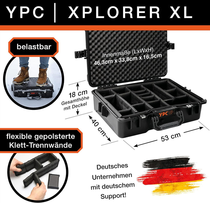 YPC Xplorer Case XL – 53cm x 40cm x 18cm Outdoor Case, Fotokoffer gepolstert wasserdicht, Kamera Kof
