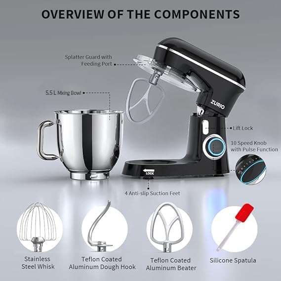 Küchenmaschine Rührmaschine 1300W Zurio 5.5L Knetmaschine Rührmaschine 10-Gang-Roboter-Knetmaschine