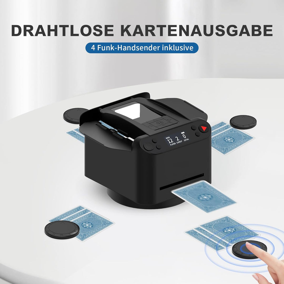 Automatischer Kartenmischer und Austeiler 2-in-1, 2 Kartensätze, unterstützt 2-12 Spieler, 4 Fernbed