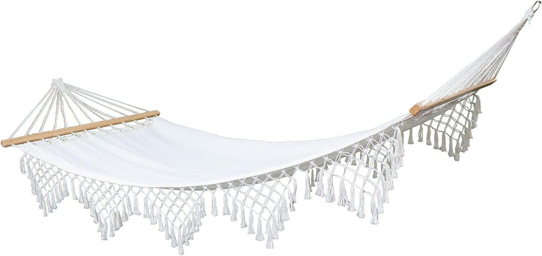 SVITA Luxushängematte mit Schmucksaum Boho Holzrahmen Macramé Baumwolle Beige