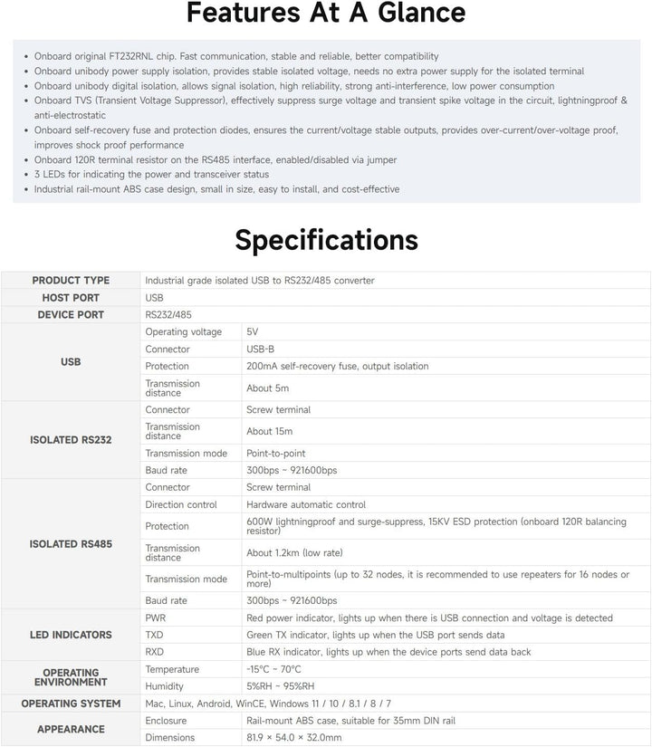 Waveshare USB to RS232/485 Industrial Grade Isolated Converter, Onboard Original FT232RNL Chip, Mult