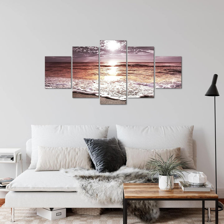 Runa Art Wandbilder Sonnenuntergang Strand 5 Teilig Bild auf Vlies Leinwand Deko Schlafzimmer Wohnzi