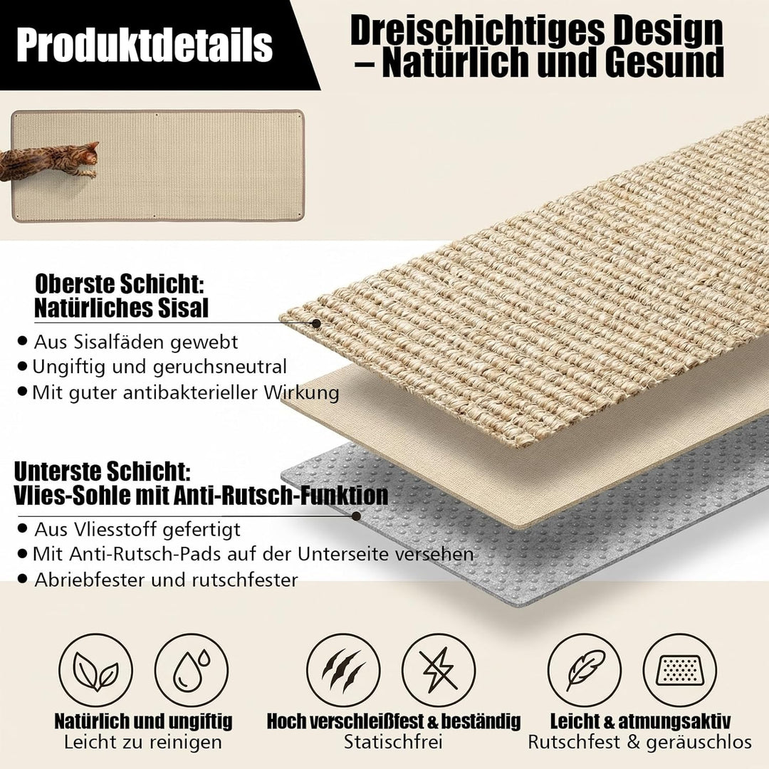 Kratzmatte Katze 40x100cm Natürlicher Sisal Teppich, Selbstklebende Kratzmatte für Katzen, Kratzschu