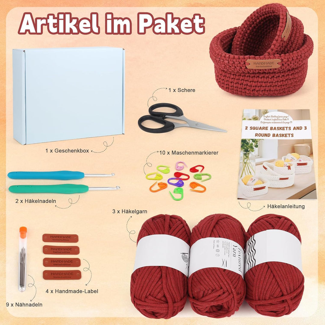 Coopay Häkelset für Anfänger, 2 Grössen Square Körbe Häkelset mit Häkelnadel, Anleitung, 5mm Dicke W