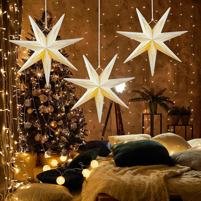 SUNBEAUTY 3er Set Papiersterne Weiss 30cm Faltstern Beleuchtet Weihnachten Deko 7 Zacken Faltsterne