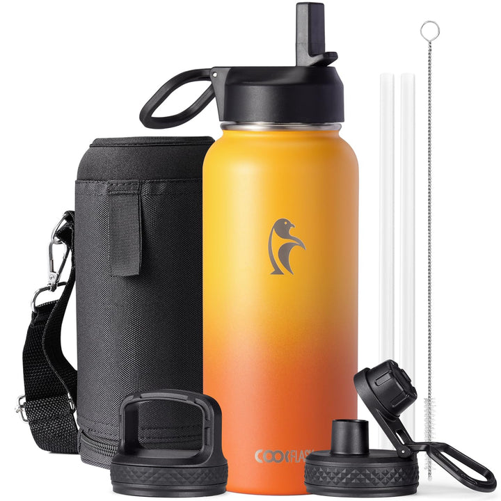 Wasserflasche 0,9 l isoliert mit Strohhalm, Coolflask Edelstahl Metall 3 Deckel Wasserflasche mit br