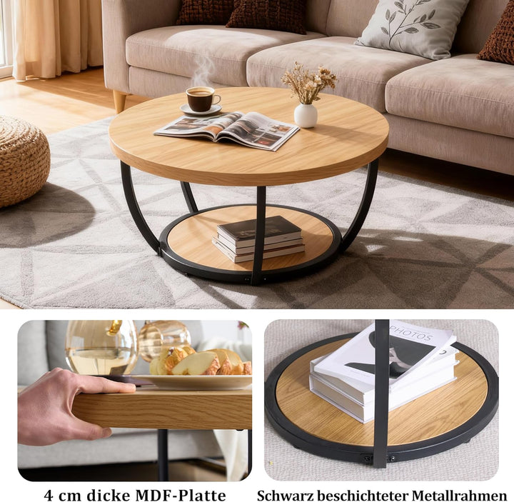 Mingone Couchtisch Rund, Industrial 2-Tier-Kreis Wohnzimmertisch mit Offenem Stauraum, Holz Coffee T