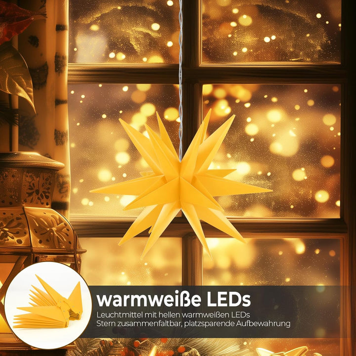 OVILUM Leuchtstern 3D mit LED Beleuchtung | gelb | |Ø 57 cm| 3D Stern mit 18 Spitzen | wetterfest |