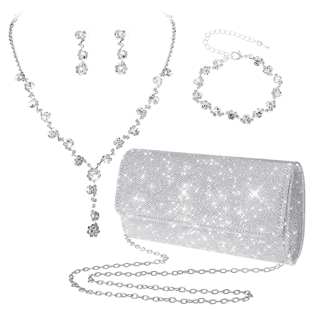 Yolev Brautschmuck Set Silber Clutch Geldbörse Bling Bling Abendessen Tasche Strass Schmuckset Choke