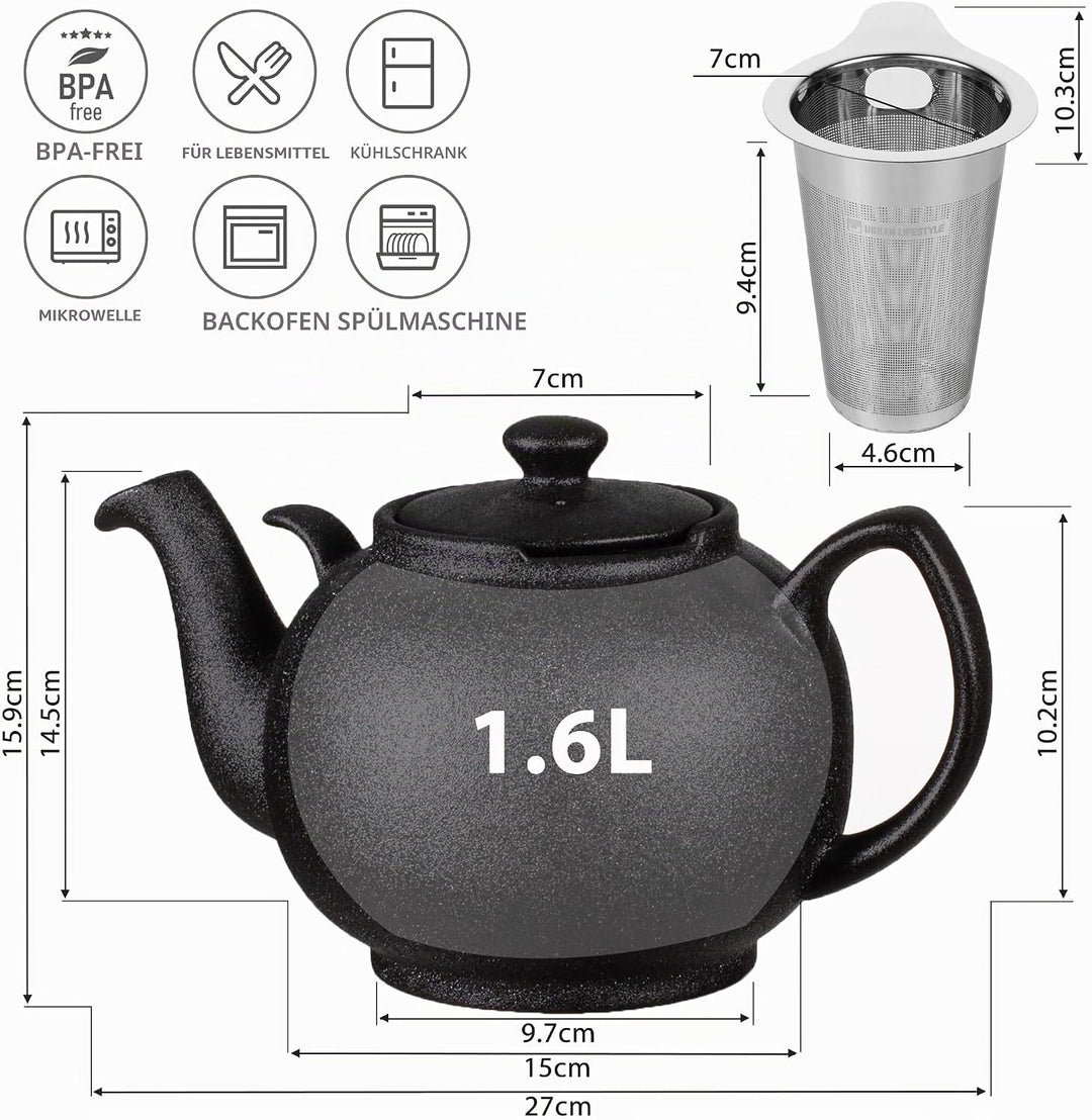 Teekanne mit Stövchen Keramik 1,6 L (Schwarz) Teekanne mit Edelstahl Sieb aus Keramik, Teekanne Live