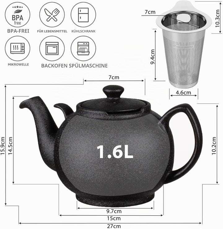 Teekanne mit Stövchen Keramik 1,6 L (Schwarz) Teekanne mit Edelstahl Sieb aus Keramik, Teekanne Live