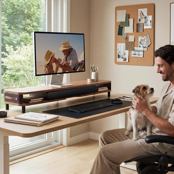 Fenge Dual Monitorständer mit Schublade, 108cm Bildschirmerhöhung mit Aluminiumbeinen & Ledergriff,