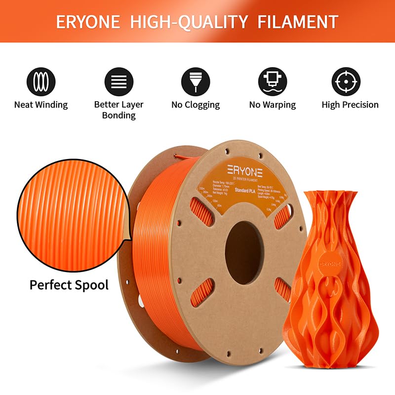 ERYONE PLA Filament 1.75 mm, 3D-Drucker Filament PLA, 0,03 mm, 1 kg/Spule, Orange C-Regular-Orange,