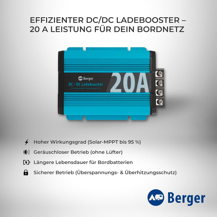 BERGER DC/DC Ladebooster BCD 20 | 12V Batterieladegerät mit MPPT | Geräuschlos & kompakt | Kompatibe