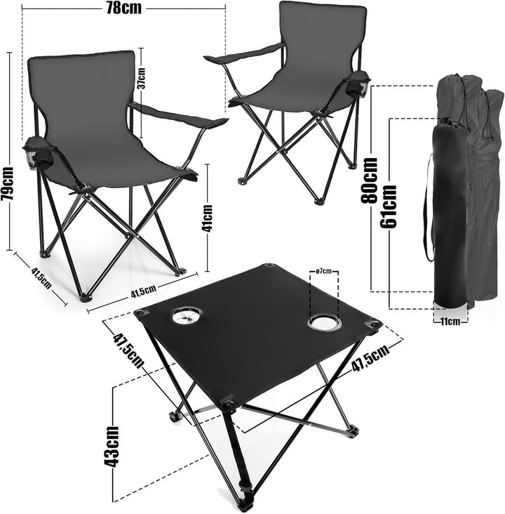 BigDean Campingtisch mit Stühlen dunkelgrau - Camping Tisch Stuhl Set Camping Stühle Campingstühle C
