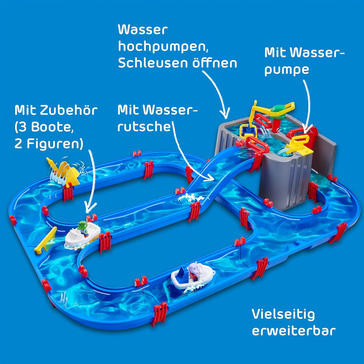 AquaPlay Harbour Wasserbahn - Outdoor-Wasserspiel mit Bahn, Booten und 2 Spiel-Figuren - Wasserspiel