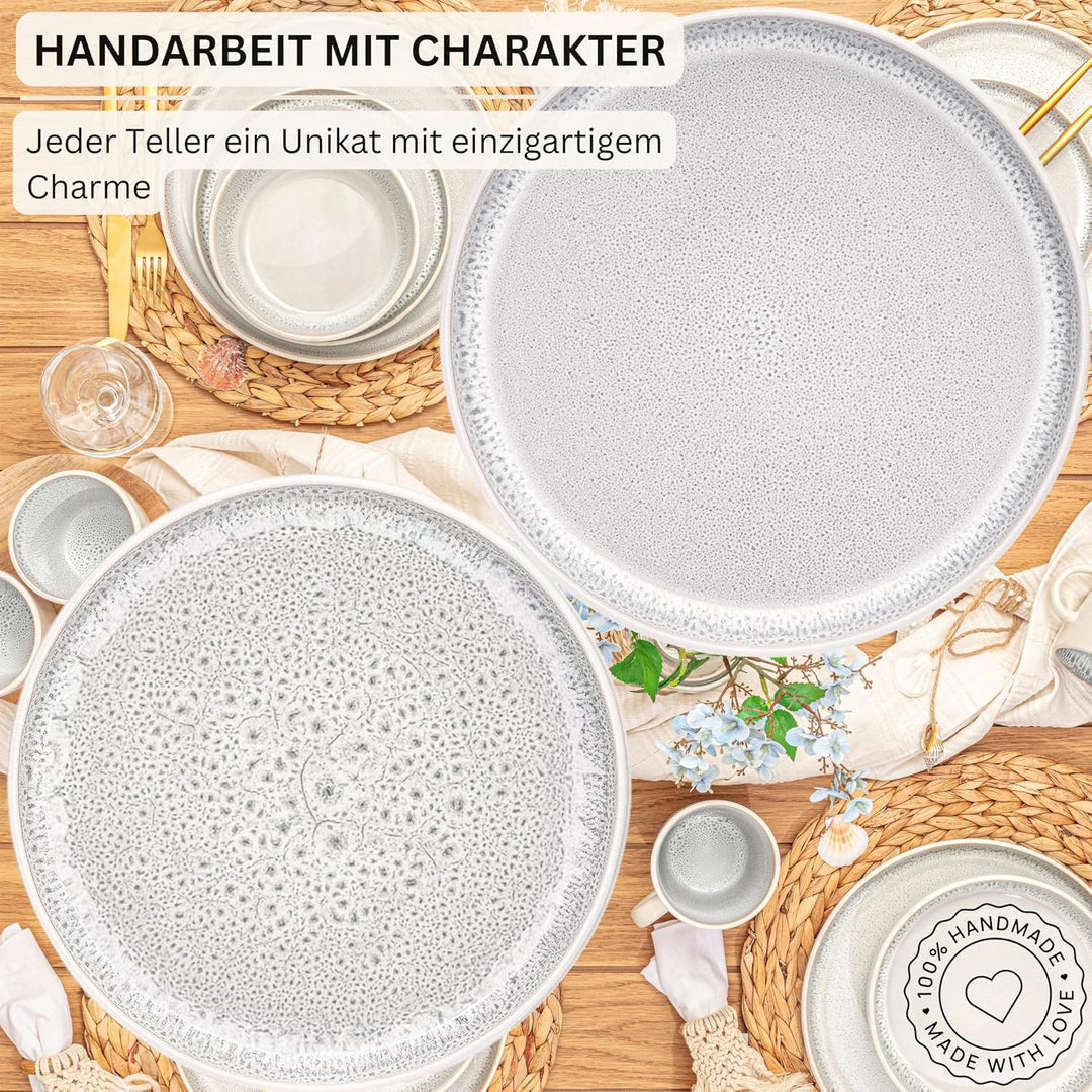 SÄNGER Kreta Steingut Geschirr Set 18 tlg, Teller Set 6 Personen | Geschirrset 6x Speiseteller 6x Mü
