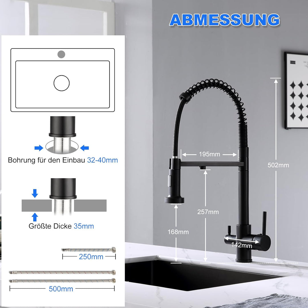 KEOKBON 3 Wege Wasserhahn Küche Schwarz mit 2 Funktion Brause, 360° Drehbar Küchenarmatur aus Messin