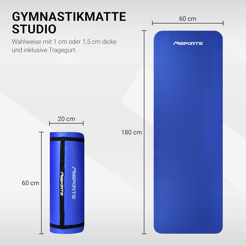 MSPORTS Gymnastikmatte Studio 183 x 61 x 1,0 oder 1,5 cm | inkl. Übungsposter und Tragegurte | Hautf