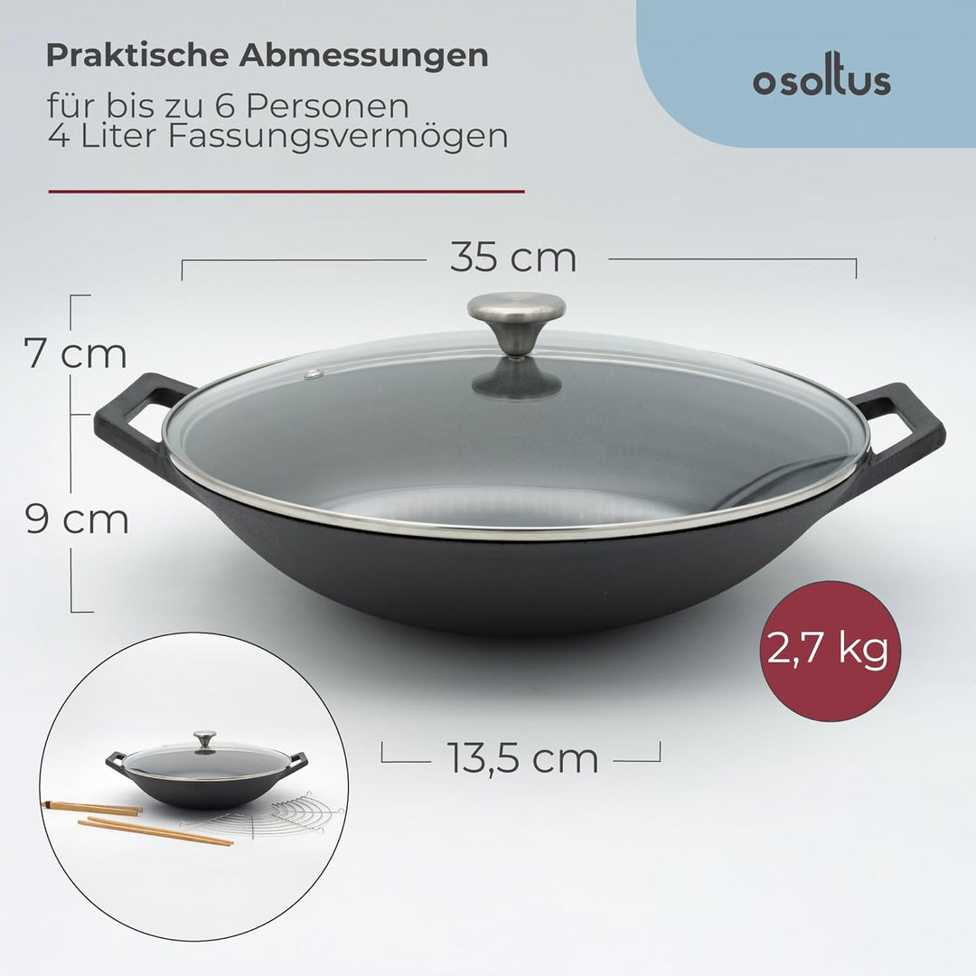 osoltus Wok Gusseisen mit Zubehör Wok-Set mit Deckel 36cm