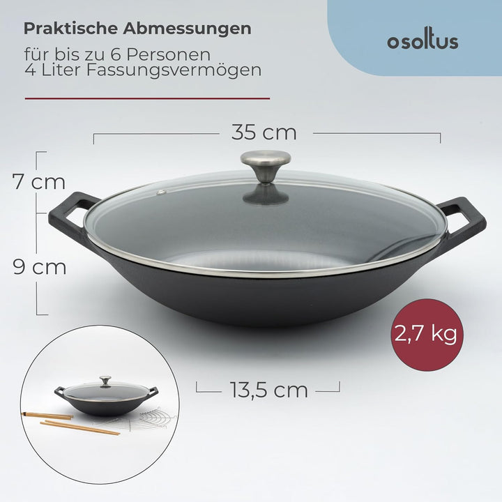 osoltus Wok Gusseisen mit Zubehör Wok-Set mit Deckel 36cm