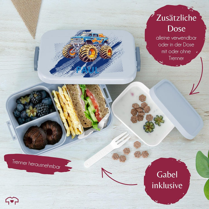 Kinder Bento Box Midi für Mepal Bentobox - Auto - Lunchbox Monstertruck mit Name Brotbox Monster Tru