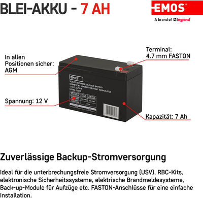 EMOS - Wartungsfreier Bleiakku - 12V 7Ah - AGM Batterie - Faston 4,7mm Anschluss - Für Gefahrmeldean