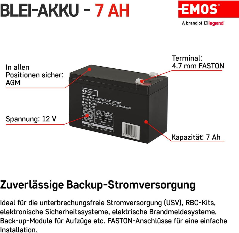 EMOS - Wartungsfreier Bleiakku - 12V 7Ah - AGM Batterie - Faston 4,7mm Anschluss - Für Gefahrmeldean