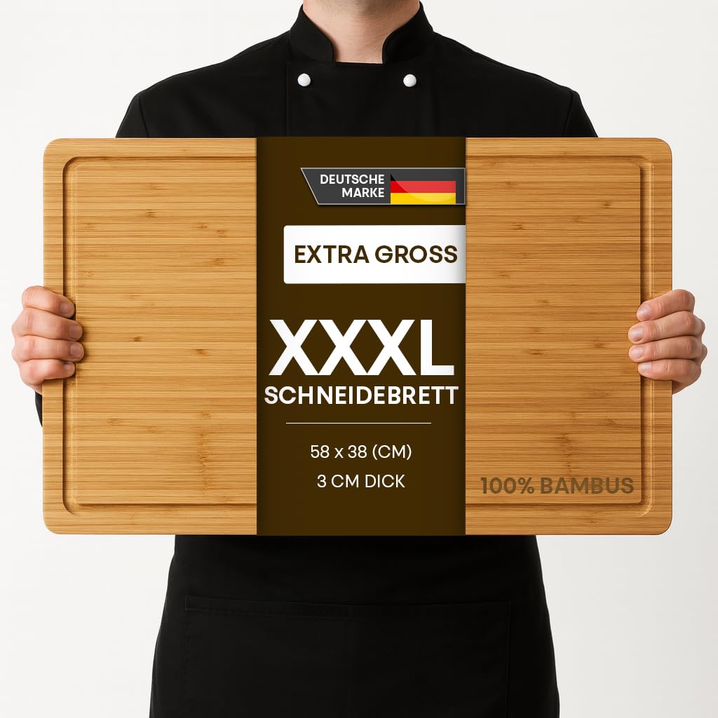 Bambus Schneidebrett aus 100% Bio-Bambus 58 x 38 x 3 cm grosses XL Brett – FSC® Zertifiziertes Antib