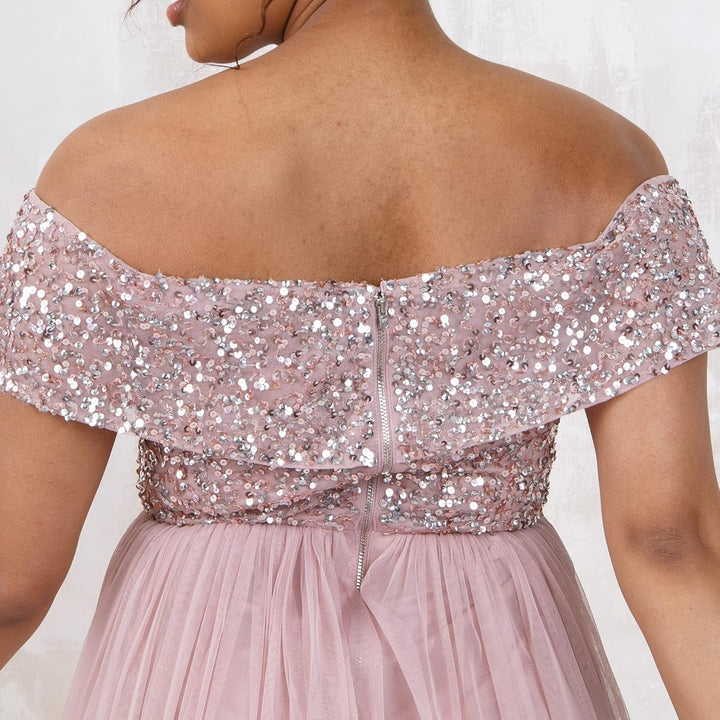Maya Deluxe Damen Ladies Bardot Dresses Women Midi High Empire Waist Sequins Embellished Formal Even