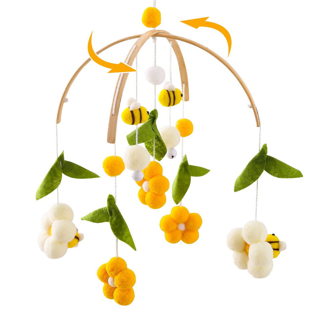 Youuys Mobile Baby Holz mit Filzbällen, Bienen und Blumen Baby Mobile Windspiel, Bettglocke Anhänger