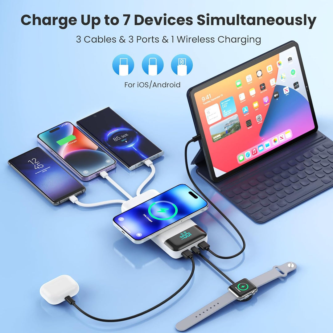 Wireless Power Bank 26800mAh mit 3 Kabel, 7 in 1 25W PD3.0+QC4.0 Schnellladen USB C Powerbank, 6 Aus