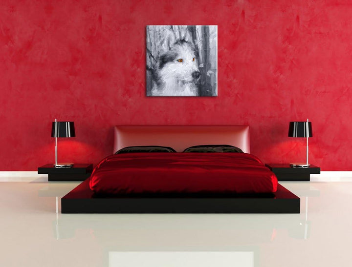 Pixxprint Wachsamer Husky Pinsel Effekt, Format: 70x70 auf Leinwand, 70x70