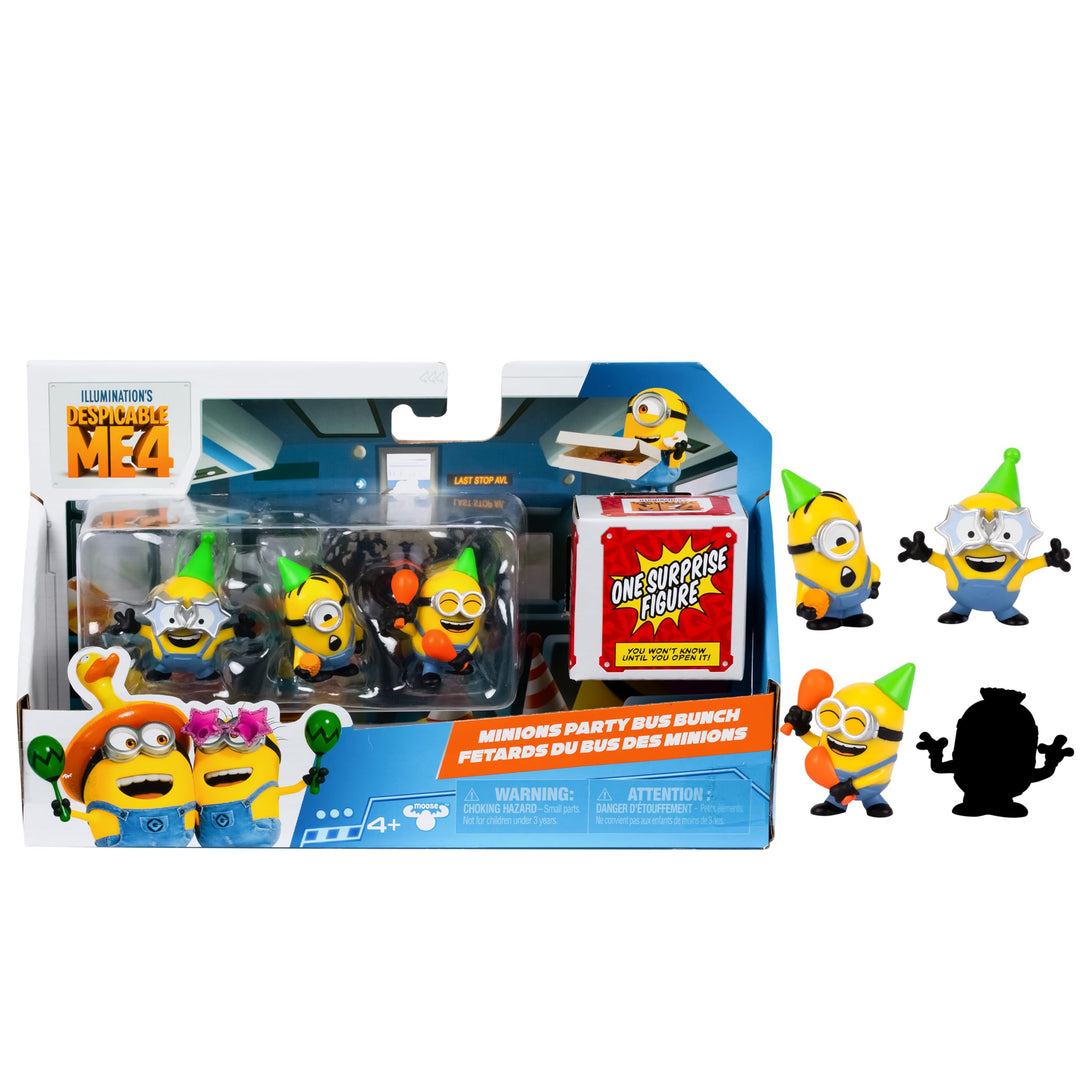 MINIONS Ich – Einfach unverbesserlich 4, Packung mit 4 Figuren Partybus-Truppe. 5,8 cm grosse Sammel