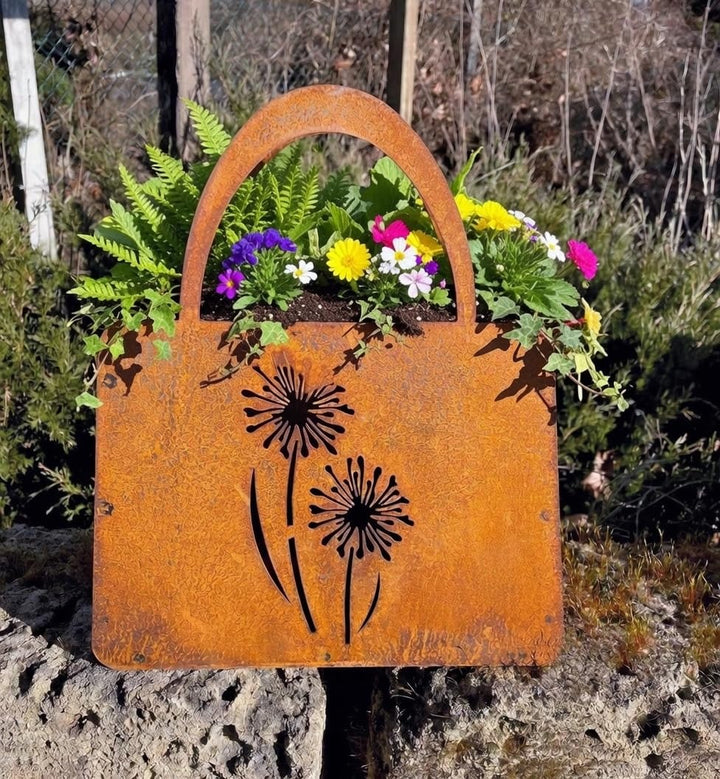 STEINFIGURENWELT GIEBEN Edelrost Handtasche mit 2 Blumen 27x32cm Tasche zum Bepflanzen Rost Pflanzta