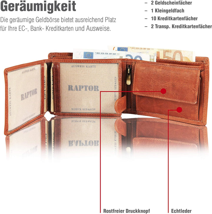 Raptor Herren-Geldbörse Echtleder Used Look Querformat braun 12x9cm RA40005 Dunkelbraun, Dunkelbraun