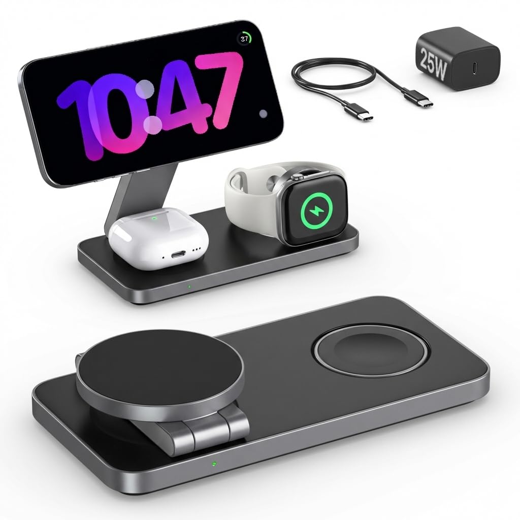 3 in 1 Ladestation mit Qi2.2 25W, Ladestation Apple Watch und iPhone Kompatibel mit Magsafe Ladestat