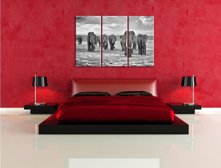 Pixxprint Elefanten Familie in der Savanne / 3-Teilig/Gesamtmass 120cm Leinwandbild bespannt auf Hol
