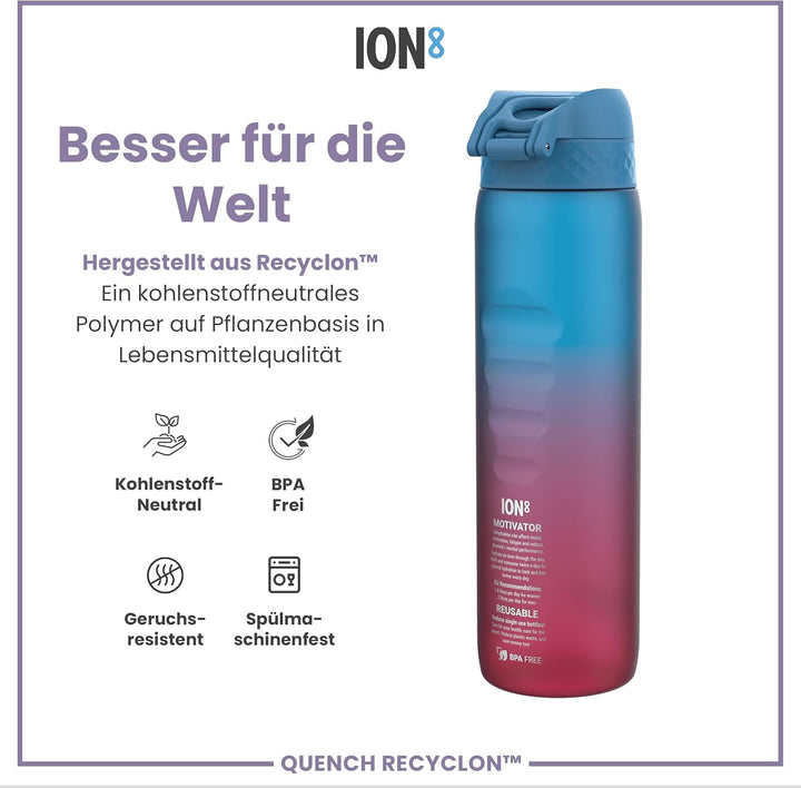 ion8 1 Liter Trinkflasche mit Zeitmarkierungen, Auslaufsicher, Einhandöffnung, Sichere Verriegelung,