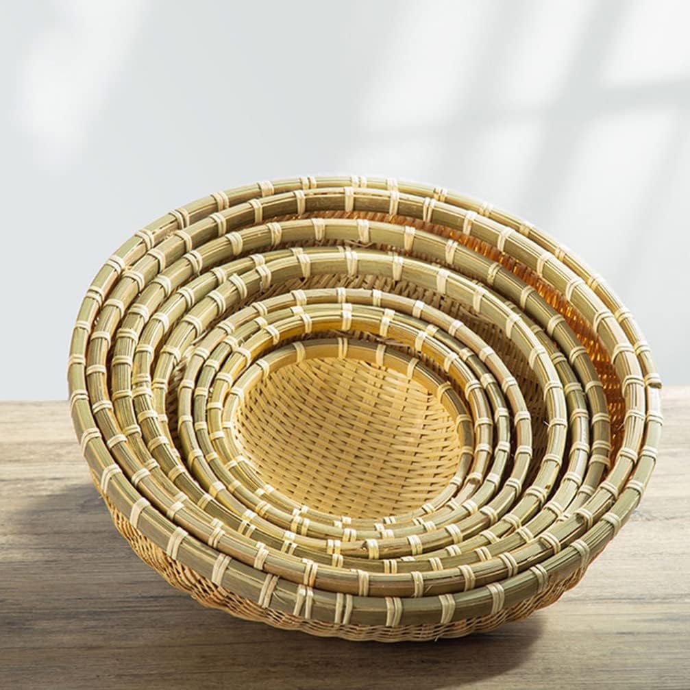 Happyyami 3Pcs Bambuskorb Tablett Flach Flacher Korb Gewebtes Obstkorb Dekorative Rattan Tablett für
